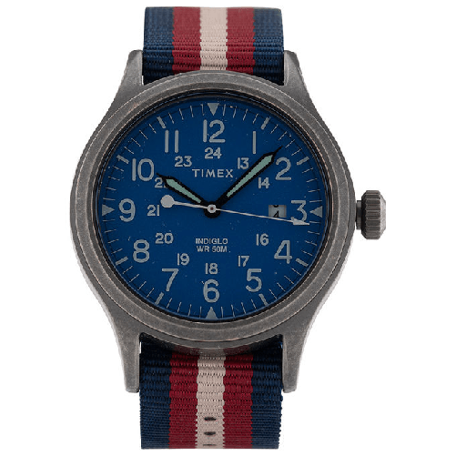 Timex-Orologio-al-quarzo-SCOUT-quadrante-in-ottone-40-MM-case-colore-anticato-argento---quadrante-blu-cinturino-in-tessuto-Blu-Rosso-Bianco-20-MM-con-luce-notturna-INDIGLO-resistente-all-acqua-fino-a-50-M-di-profondita