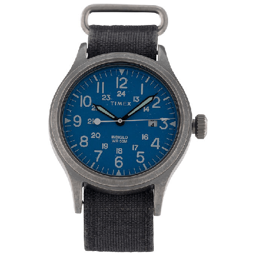 Timex-Orologio-al-quarzo-SCOUT-quadrante-in-ottone-40-MM-case-colore-anticato-argento---quadrante-blu-cinturino-in-tessuto-Nero-20-MM-con-luce-notturna-INDIGLO-resistente-all-acqua-fino-a-50-M-di-profondita