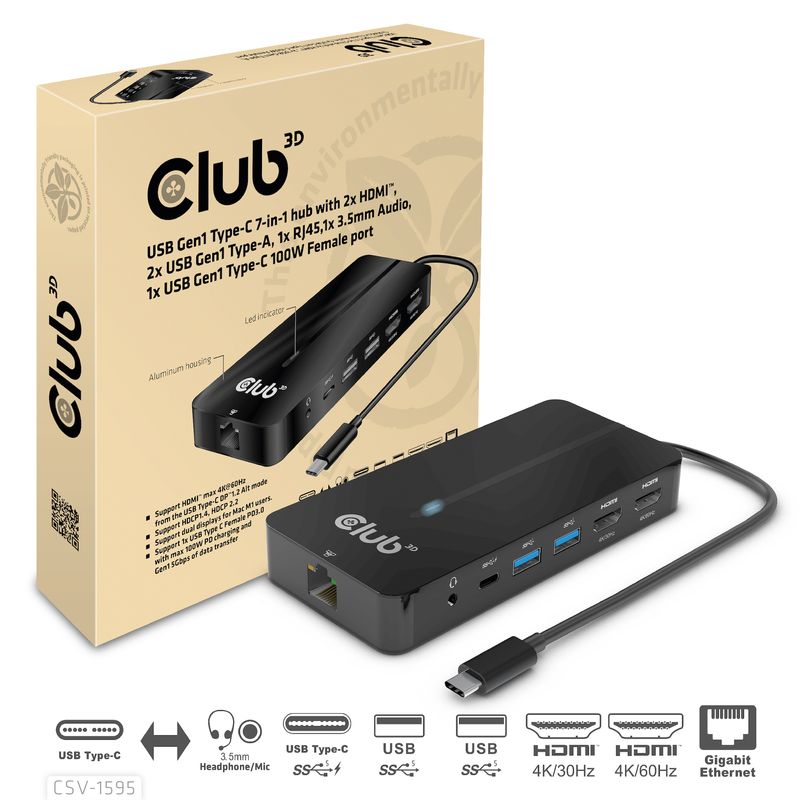 CLUB3D-CSV-1595-replicatore-di-porte-e-docking-station-per-laptop-USB-3.2-Gen-1--3.1-Gen-1--Type-C-Nero