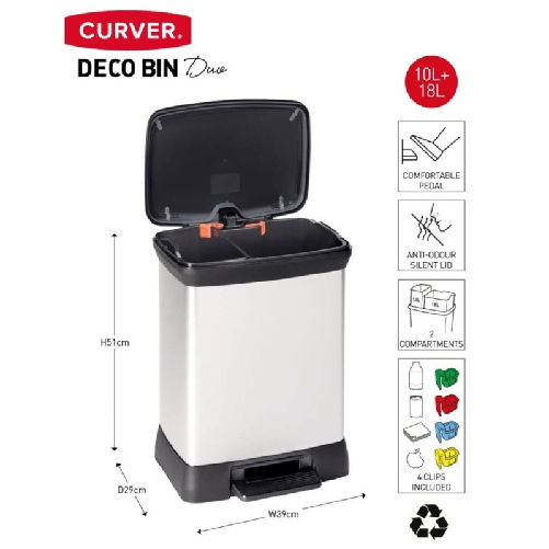 Curver-Pattumiera-a-Pedale-Doppia-Deco-10L-18L-Argento