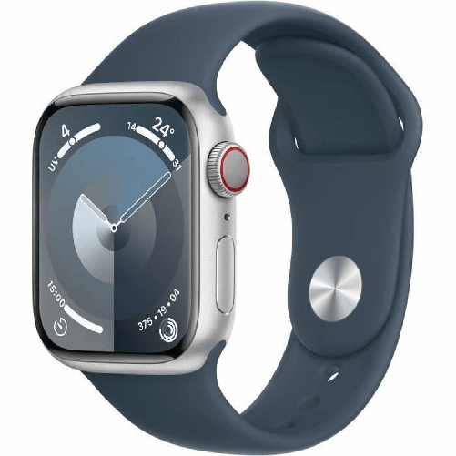 Apple-Watch-Series-9--GPS-Cellular--cassa-in-alluminio-da-41-mm-argento-cinturino-Sport-blu-tempesta-S-M