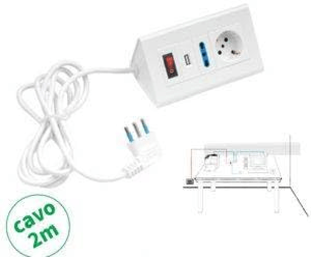 Multipresa Da Tavolo Con USB Nero 1 Presa Schuko 1 Presa Bipasso 10/16A Interruttore Spina 16A Cavo 2 Metri