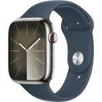 Apple Watch Series 9 (GPS Cellular) cassa da 45 mm in acciaio inossidabile argento, cinturino Sport blu tempesta M/L