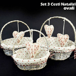 Trade Shop Traesio-set 3 Cestini Natalizi Ovali In Vimini E Tessuto Diametro 39/34/29 Cm Grigio -