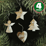 Trade Shop Traesio-4 Appendini Natale In Legno Ovatta Forma Stella Albero Angelo Cuore Con Scritta Merry Christmas -