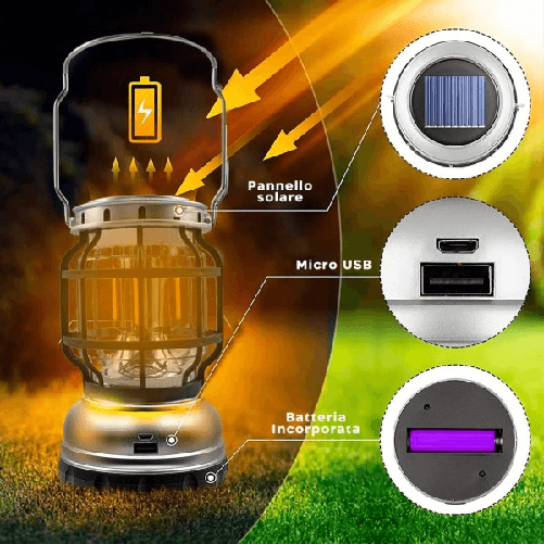 Trade Shop Traesio-lampada Da Campeggio A Led Solare Lanterna A Fiamma Portatile Ricaricabile Usb -