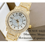 Trade Shop Traesio-orologio Da Polso Sousou 6422 Quarzo Brillantini Analogico Dorato Fondo Bianco -