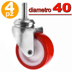 Trade Shop Traesio-4 Ruote In Gomma Ricambio Per Carrello Mobili Con Perno Girevole Rosso 40mm 4cm -