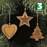 Trade Shop Traesio-3 Appendini Natale In Legno Stella Albero Cuore Oro Decorazioni Natalizie -