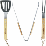 Trade Shop Traesio-set 3 Attrezzi Griglia Barbecue Forchettone Pinza Spatola In Acciaio Manico Legno -