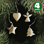 Trade Shop Traesio-4 Appendini Natale In Legno Ovatta Forma Stella Albero Angelo Cuore 11cm Bianco -