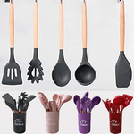 Trade Shop Traesio-set 12 Utensili Da Cucina In Silicone Con Manico Legno Antiaderenti Resistenti -