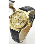 Trade Shop Traesio-orologio Polso Zcc Uomo Automatico Cinturino Pelle Casual Nero Quadrante Dorato -