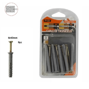 Trade Shop Traesio-set 9 Pezzi Tasselli Fisher Viti Vite Chiodi Gancio Tassello Misura 6x60mm 69049 -