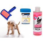 Trade Shop Traesio-kit Pulizia Cani Shampoo Azione Addolcente Salviettine Spazzola Cardatore Pelo Corto -