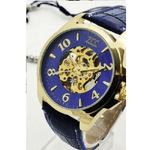 Trade Shop Traesio-orologio Polso Zcc Uomo Automatico Analogico Cinturino Pelle Casual Blu Dorato -