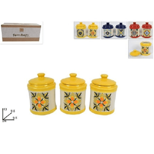 Trade Shop Traesio-set 3 Pezzi Tris Barattoli Colorati In Ceramica Con Decoro Fantasia Maiolica -