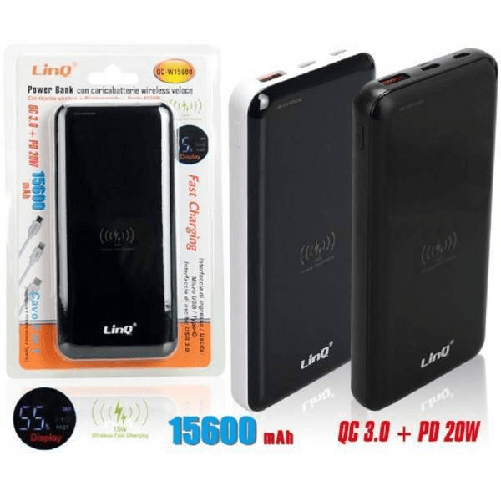 Linq-power Bank Batteria Esterna Ricarica Veloce Wireless 15600mah Caricabatteria Qc-w15600 -