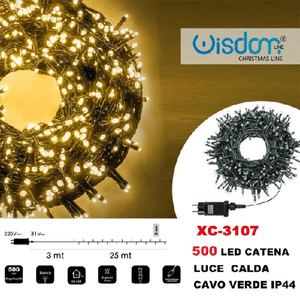 Wisdom-catena Luminosa 500 Luci Led Lucciole Luce Calda Cavo Verde Ip44 Xc-3107 -