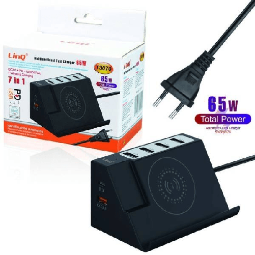 Linq-caricabatterie Multifunzione 7 In 1 65w Ricarica 4 Usb Wireless Qc 3.0 Pd T3070 -