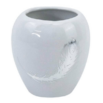 Cleafe-bicchiere Portaspazzolini Ceramica Bianca Decorato Con Piuma Argento Bagno 59899 -