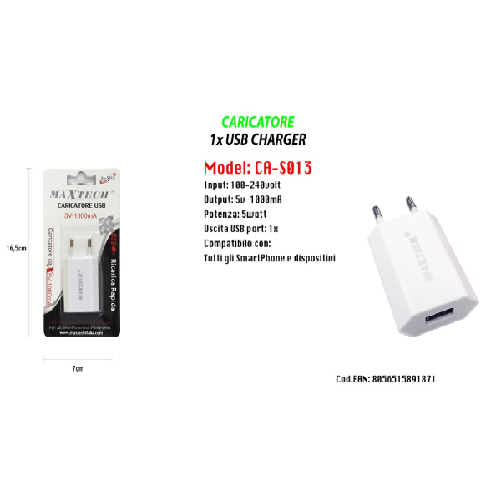Maxtech-caricatore Usb Ricarica Per Smartphone Iphone Series 5v - 1000ma Maxtech Ca-s013 -