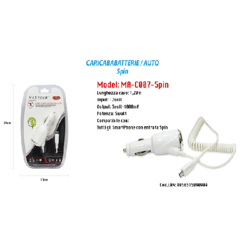 Maxtech-caricatore Usb Da Auto Portatile Ricarica Smartphone 5pin 5v-1000ma Maxtech Ma-c007-5pin -