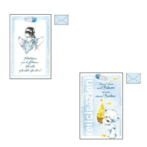 Trade Shop Traesio-biglietto Auguri Battesimo Azzurro Bambino Glitter Nascita Congratulazioni Busta -