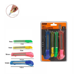 Trade Shop Traesio-set 4 Pz Taglierino Cutter Colorati Con Blocco Di Sicurezza Lame Da 9-18mm 71080 -