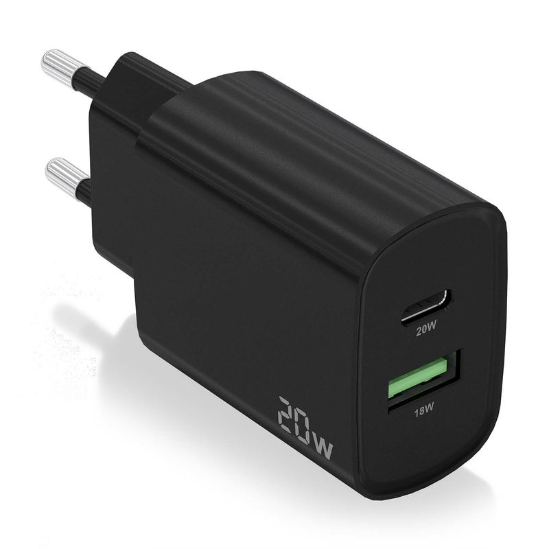 Aisens-Cargador-20W---1xUSB-C-PD3.0---1xUSB-A-QC3.0---Color-Negro