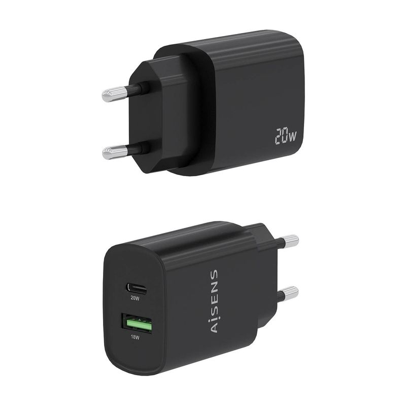 Aisens-Cargador-20W---1xUSB-C-PD3.0---1xUSB-A-QC3.0---Color-Negro