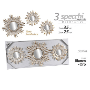 Kaela-set 3 Pz Specchi Parete Bianco Oro 25/35 Cm Plastica Libera Installazione 823909 -