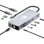 Leotec Adattatore 10 in 1 da USB-C a 2xHDMI, 1xRJ45, 3xUSB-A 3.0, 1xUSB-C PD, 1xUSB-C, 1xTF/SD+1xMicroSD - Colore Grigio