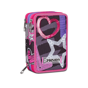 Seven Astuccio Scuola 3 Zip Nero Viola Fucsia Draft Heart