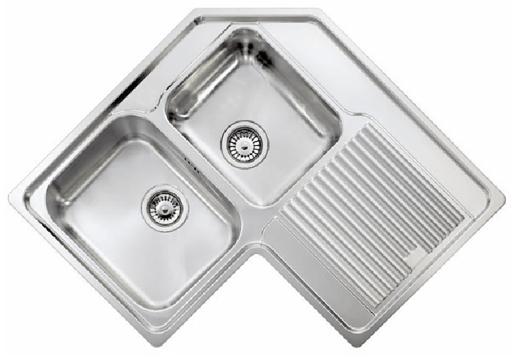 Lavello-ZENITH-ad-angolo-83x83-2-vasche-sinistre--gocciolatoio-ACCIAIO-INOX