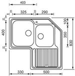 Lavello-ZENITH-ad-angolo-83x83-2-vasche-sinistre--gocciolatoio-ACCIAIO-INOX