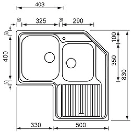 Lavello-ZENITH-ad-angolo-83x83-2-vasche-sinistre--gocciolatoio-ACCIAIO-INOX