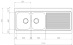 Lavello-ROSSANA-appoggio-135X60-2-vasche-sinistre--gocciolatoio-ACCIAIO-INOX