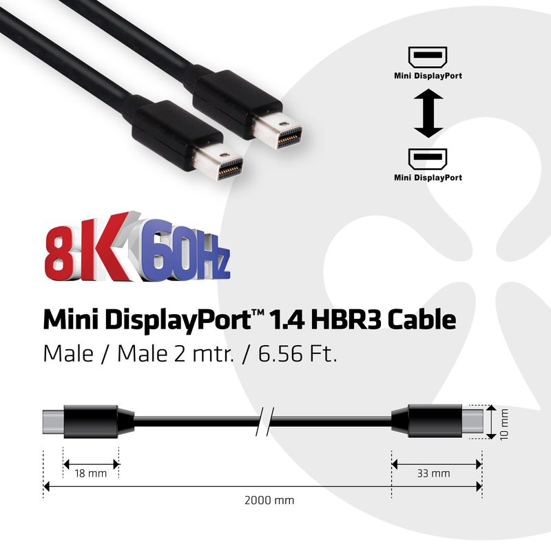 CLUB3D-Mini-DisplayPort-1.4-Cable-HBR3-8K60Hz-Male---Male-2-mtr.---6.56-Ft.