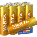 Varta Longlife, Batteria Alcalina, AA, Mignon LR6, 1.5V, Blister da 8, Made in Germany