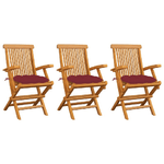 vidaXL Sedie Giardino con Cuscini Rosso Vino 3 pz Legno Massello Teak