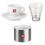 Kit illy 6 bicchierini e 6 tazzine in porcellana con 4 porta bustine zucchero