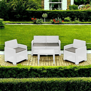 Dmora Set salotto da esterno Dbagnolin, Set da giardino con 2 poltrone, 1 divano e 1 tavolino