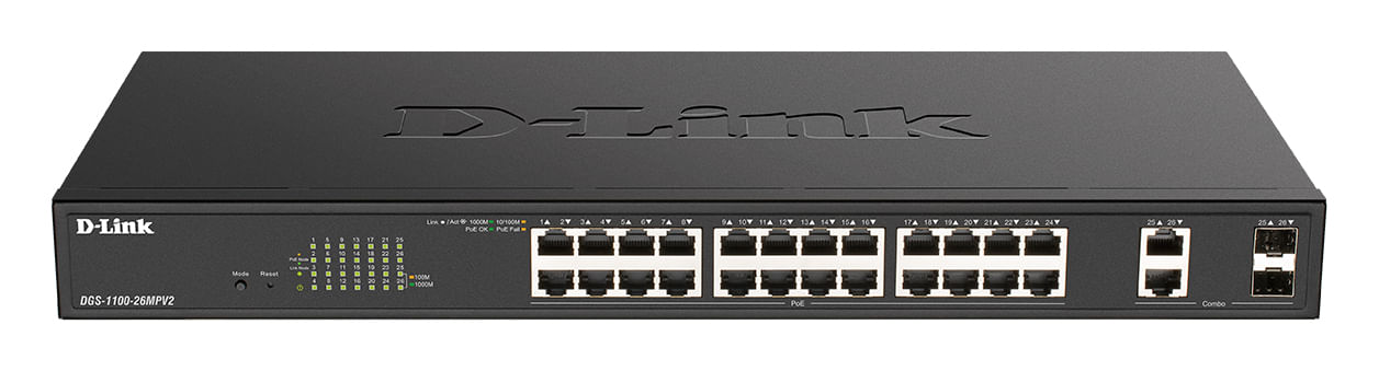 D-Link DGS-1100-26MPV2 switch di rete Gestito L2 Gigabit Ethernet (10/100/1000) Supporto Power over Ethernet (PoE) Nero