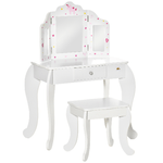 HOMCOM Toeletta per Bambini con Sgabello in Legno, Tavolo Trucco con Triplo Specchio e Cassetto, 63x40x85.5cm - Bianco