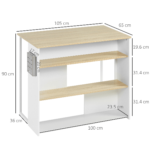 HOMCOM-Isola-da-Cucina-con-3-Ripiani-in-Stile-Moderno-e-Porta-coltelli-in-acciaio-105x65x90-cm-Bianco