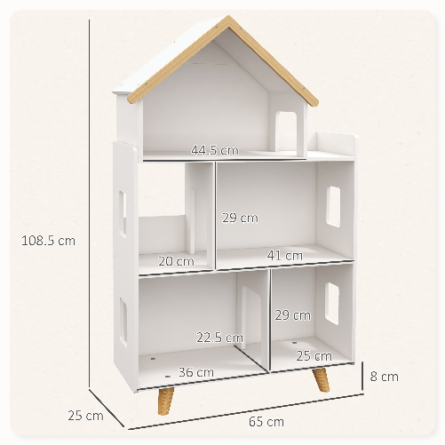 ZONEKIZ-Libreria-per-Bambini-3-6-Anni-a-3-Livelli-per-Libri-e-Giochi-in-MDF-e-Legno-di-Pino-65x25x108.5-cm-Bianco