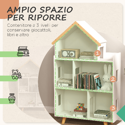 ZONEKIZ-Libreria-per-Bambini-3-6-Anni-a-3-Livelli-per-Libri-e-Giochi-in-MDF-e-Legno-di-Pino-65x25x108.5-cm-Bianco