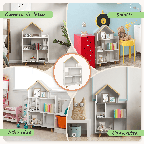 ZONEKIZ-Libreria-per-Bambini-3-6-Anni-a-3-Livelli-per-Libri-e-Giochi-in-MDF-e-Legno-di-Pino-65x25x108.5-cm-Bianco