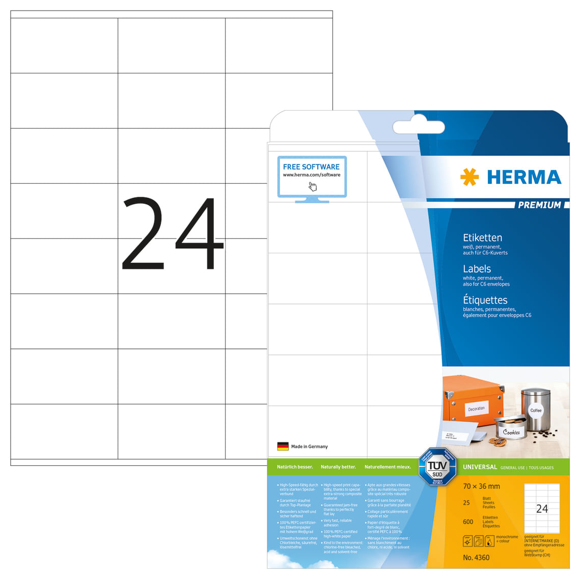 HERMA Premium - Permanent self-adhesive matte laminated paper labels - weiÃ - 70 x 36 mm - 600 Etikett(en